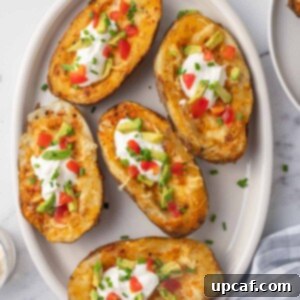 Crispy Air Fryer Potato Skins 9 A plate of cheesy air fryer potato skins.