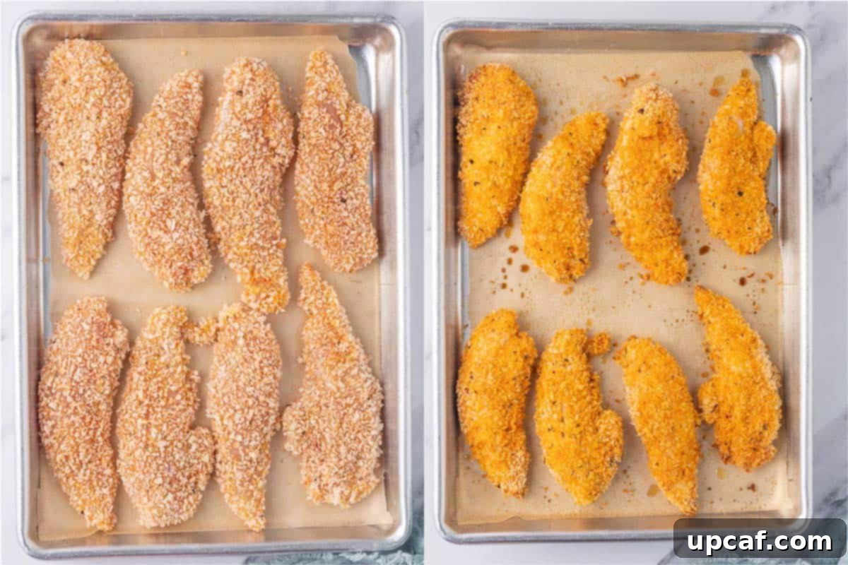 Before and after of panko chicken on a baking tray.
