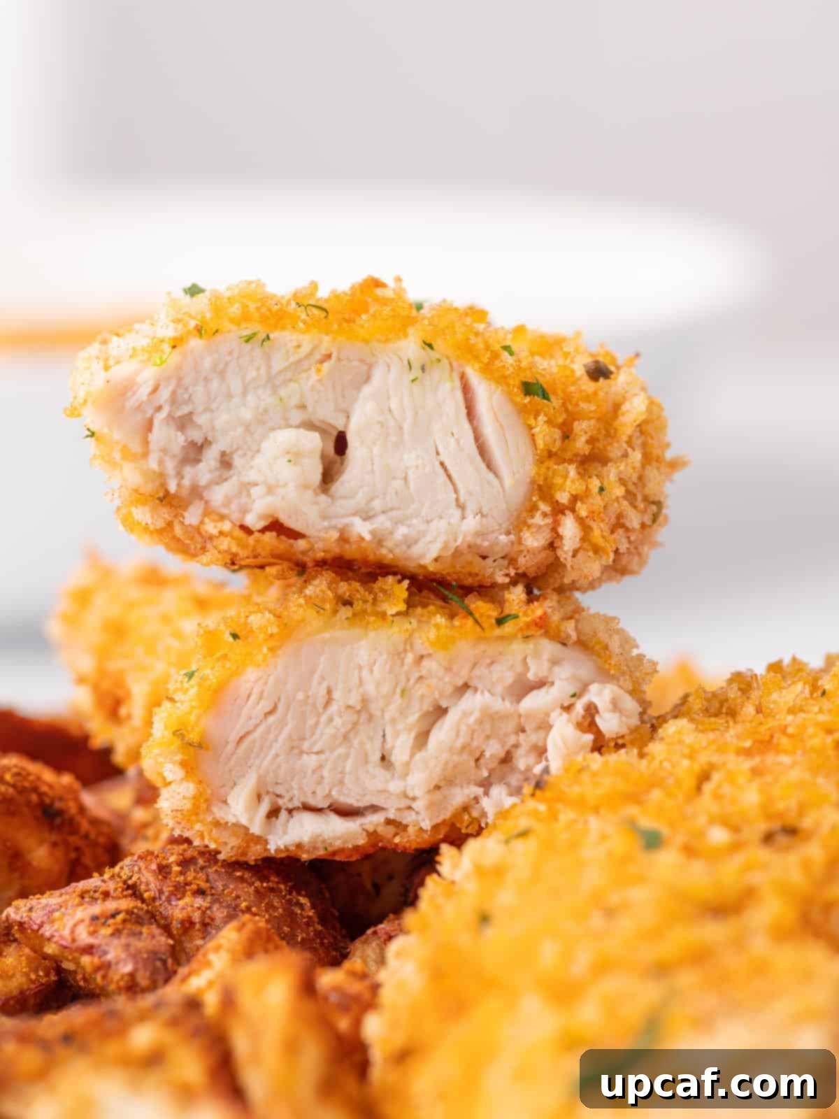 Juicy panko crusted chicken strip sliced in half.