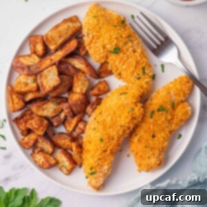 Chicken tenders and potatoes on a plate with a fork.