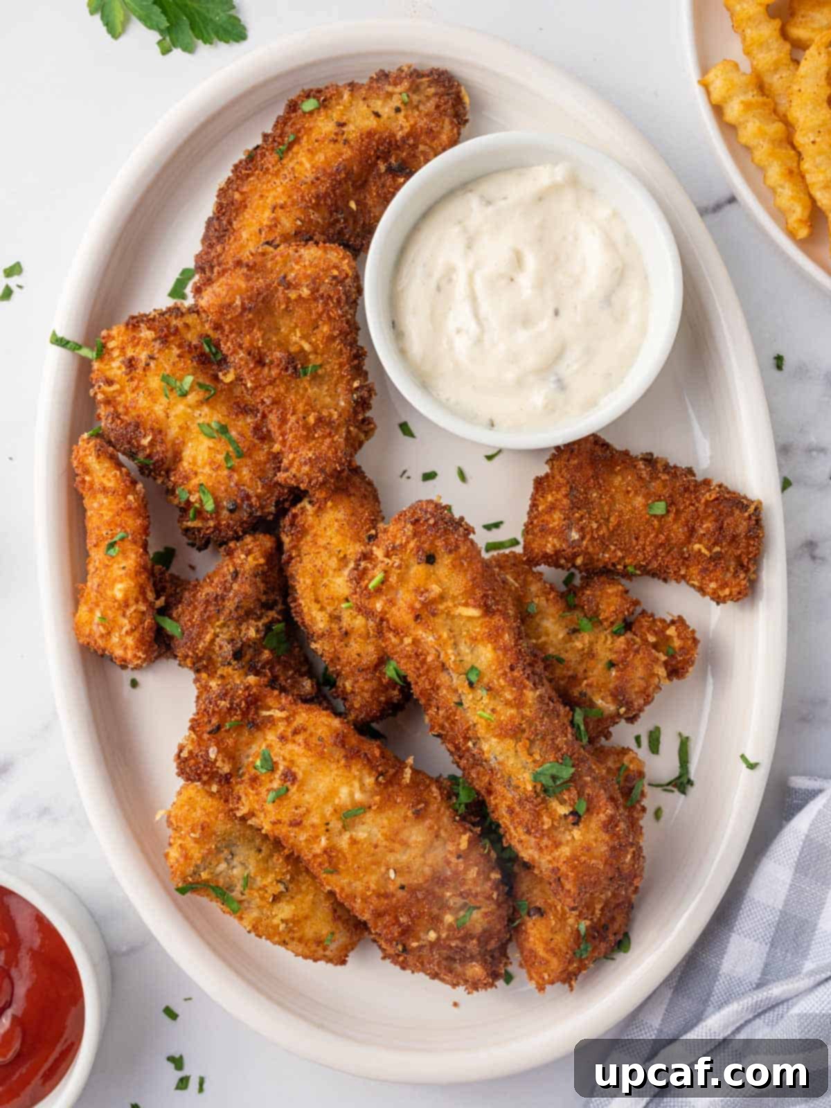 A plate of crispy fish strips with a bowl of tarter sauce.
