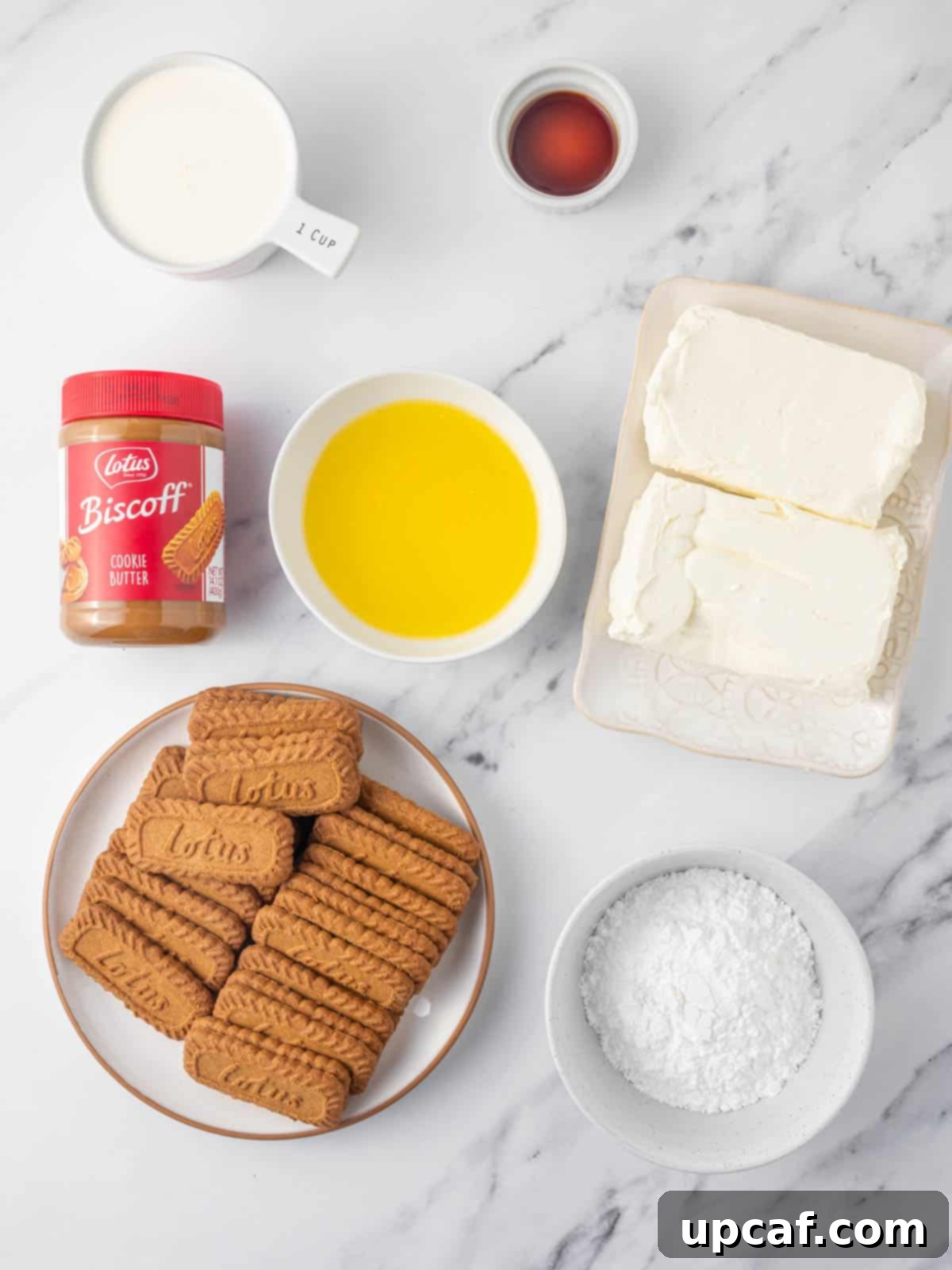 Ingredients needed for lotus biscoff cheesecake, neatly arranged on a counter.