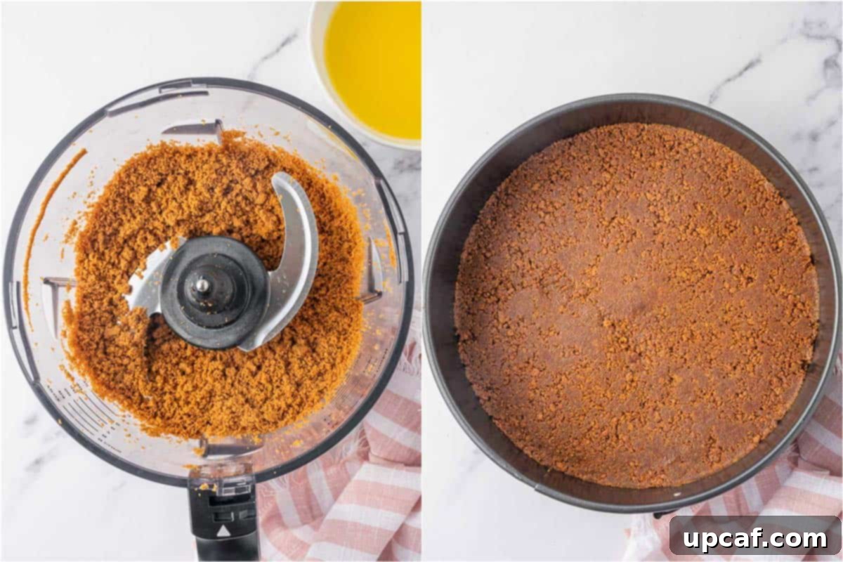 Processing biscoff cookies to make the crust in a food processor.