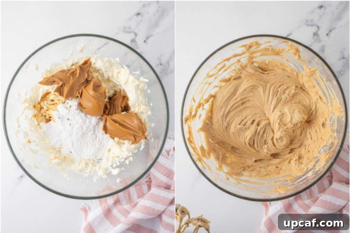 Preparing the biscoff cheesecake filling in a large bowl with a hand mixer.