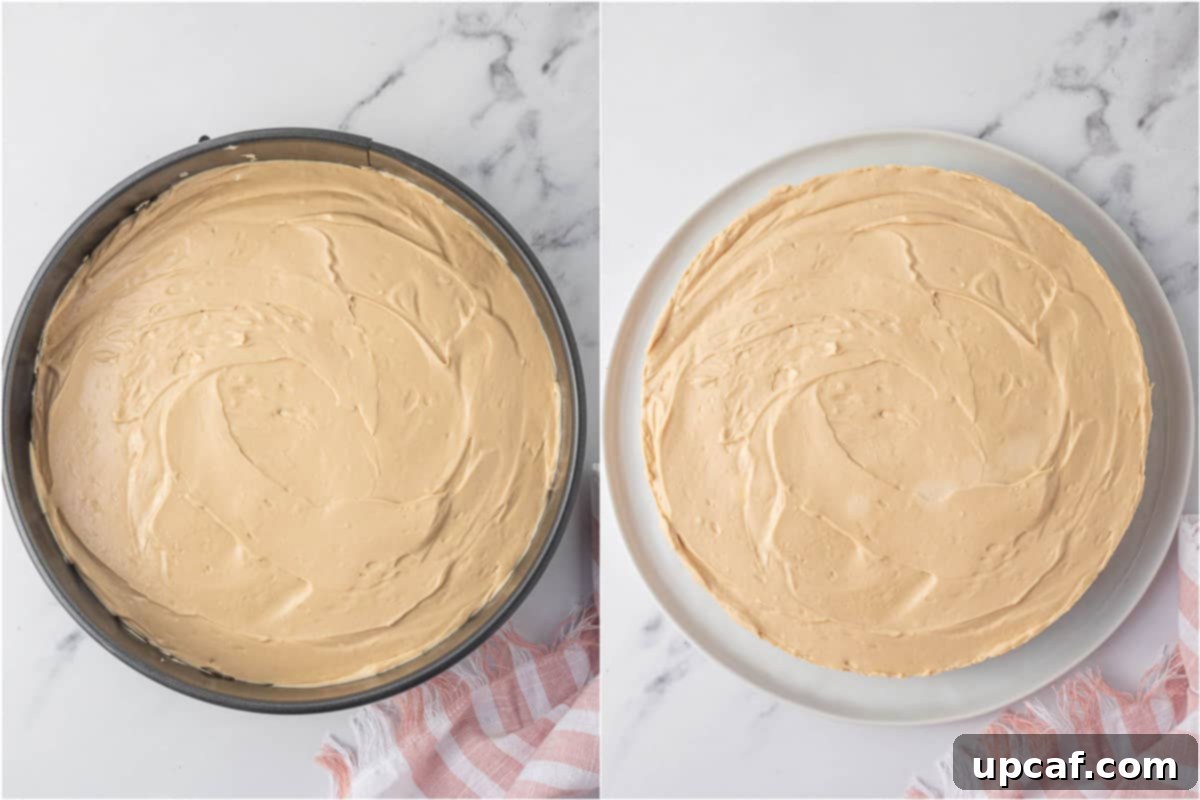 Unmolding a no-bake cheesecake from a springform pan.