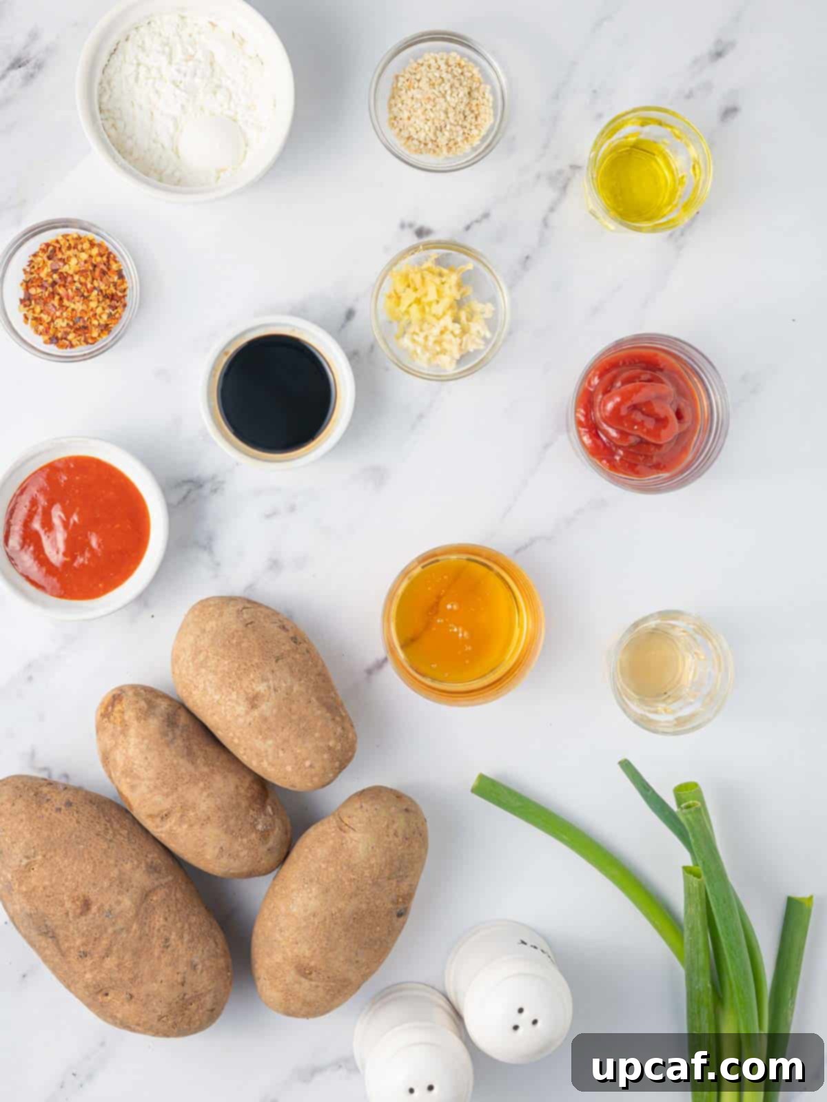 Spicy Honey Glazed Potatoes 3 Ingredients needed for honey chilli potatoes.