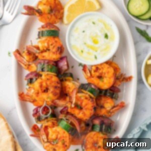 Golden Oven Shrimp Skewers 9 Greek shrimp kabobs with dipping sauce.