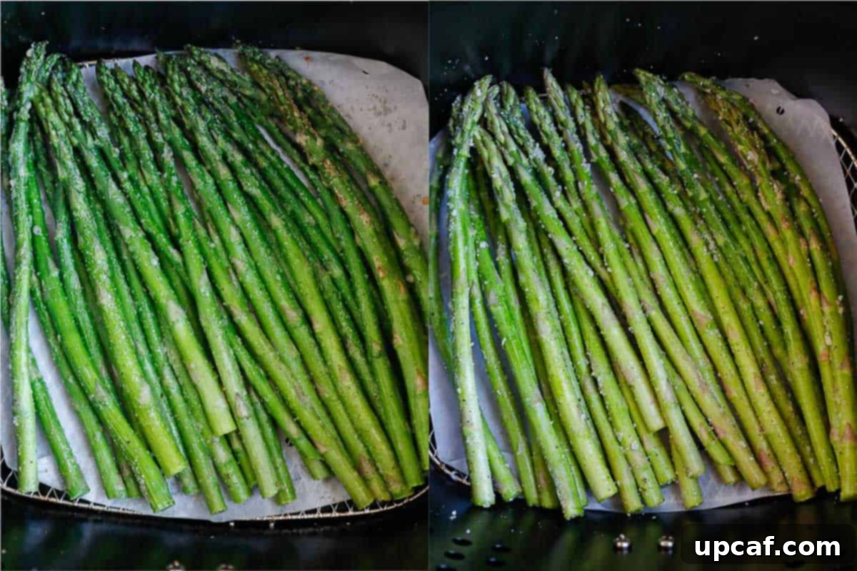 Asparagus spears being cooked in an air fryer basket, showing a single layer arrangement.