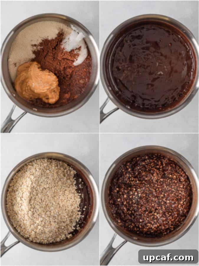 A visual guide demonstrating the process of making gluten-free no-bake cookies, highlighting the creamy mixture in a saucepan.