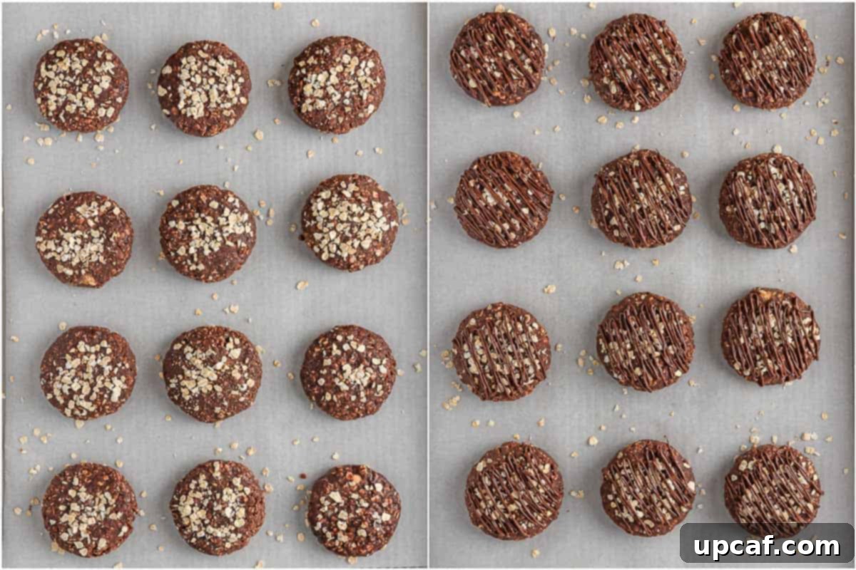 Decorated gluten-free no-bake cookies on parchment paper, adorned with extra oatmeal and a delicate drizzle of melted chocolate.