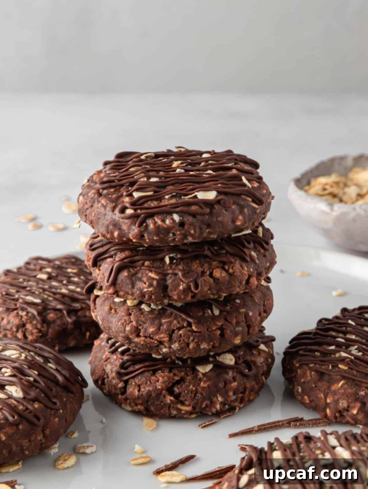 A charming stack of easy gluten-free no-bake cookies, invitingly presented.