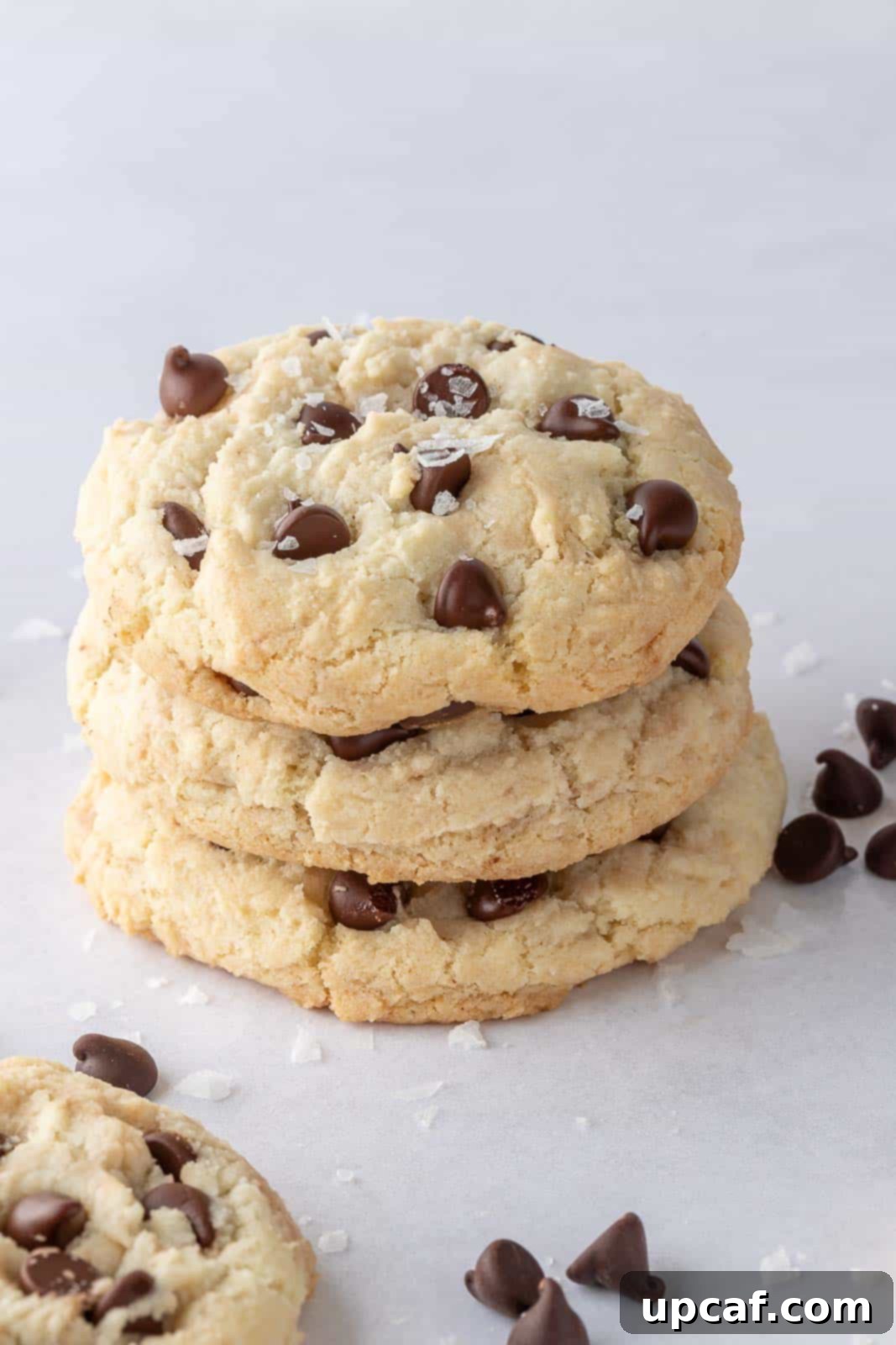 A pile of soft, perfectly baked eggless chocolate chip cookies with melted chocolate chips visible.