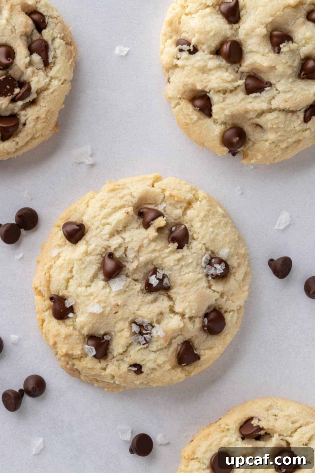 A close-up of delicious egg-free chocolate chip cookies arranged on a wire rack to cool.