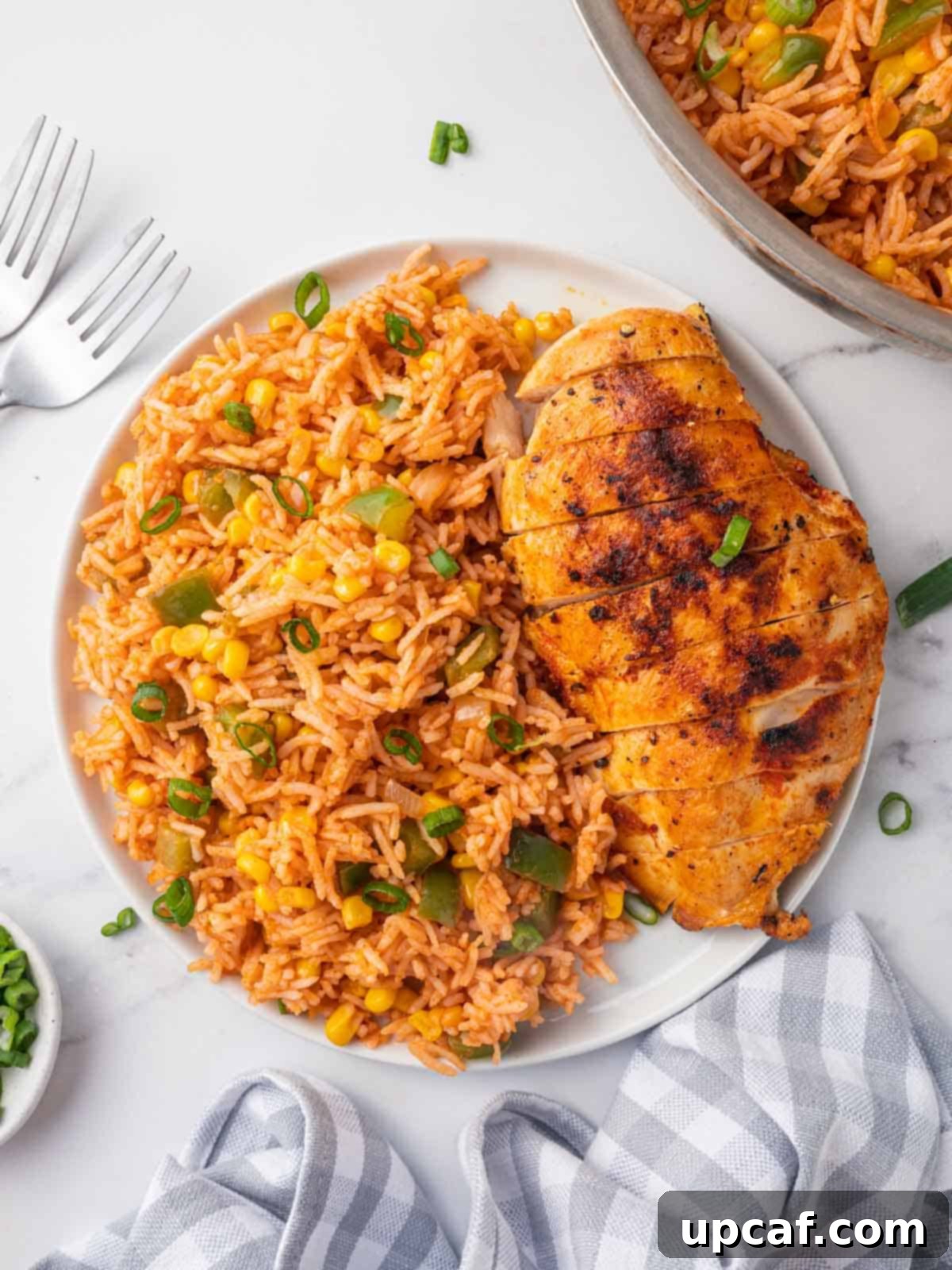 A plate with vibrant Mexican Fried Rice and grilled chicken, showcasing the colorful ingredients.