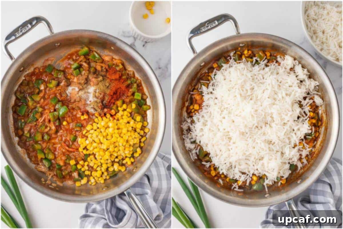 Vibrant bell peppers, enchilada sauce, and green chilies simmering in a skillet, forming the base for Mexican fried rice.