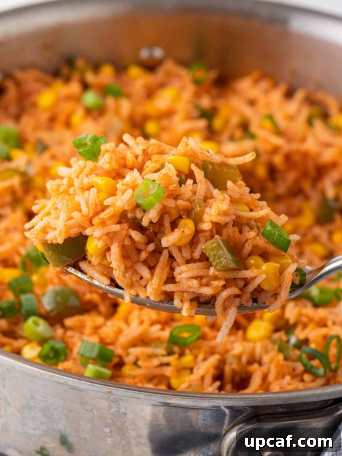 A close-up shot of a spoonful of easy Mexican fried rice, showcasing its texture and vibrant colors.