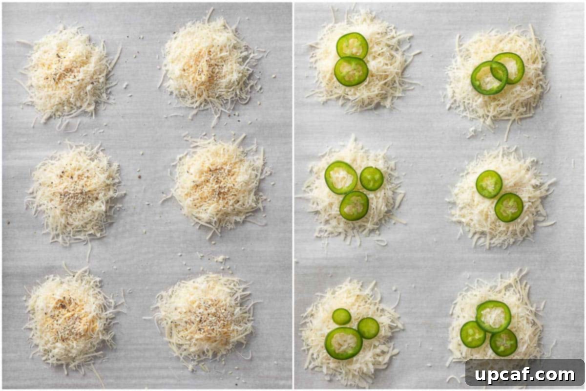 Before baking cheese crisps, showing neatly arranged mounds of shredded parmesan on a parchment-lined baking sheet.