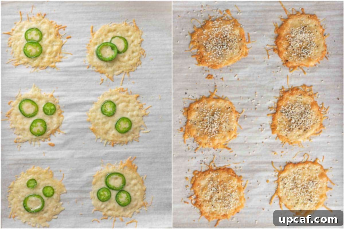 Jalapeno cheese crisps and everything bagel cheese chips on a tray, freshly baked and cooled.