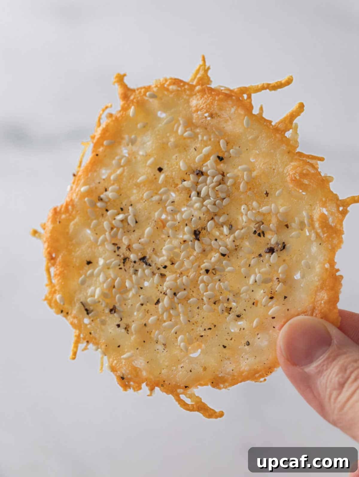 Fingers hold up a crispy parmesan chip, showing its delicate, golden-brown texture.