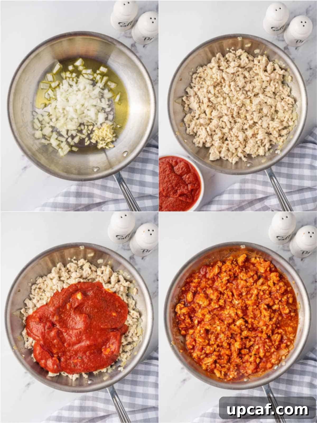 How to prepare meat sauce in a skillet, browning ground chicken with onions and garlic.