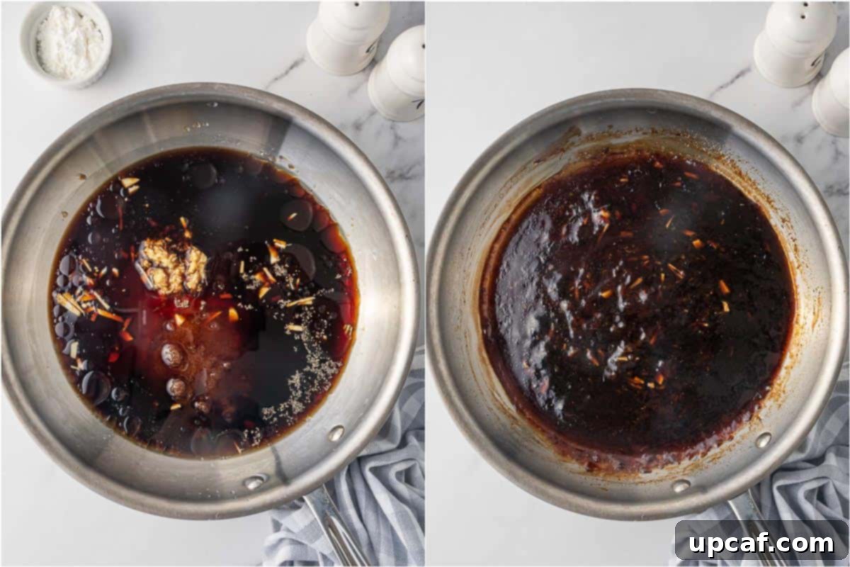 Sweet & Savory Teriyaki Chicken Bowl 4 Close-up of a homemade teriyaki sauce simmering in a skillet, showcasing its rich, glossy texture and vibrant ingredients.