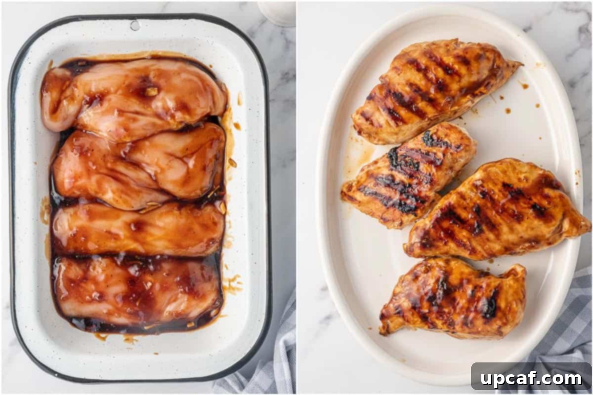 Sweet & Savory Teriyaki Chicken Bowl 5 Close-up of marinated chicken breasts being grilled on a griddle pan, showing a beautiful sear and caramelization.