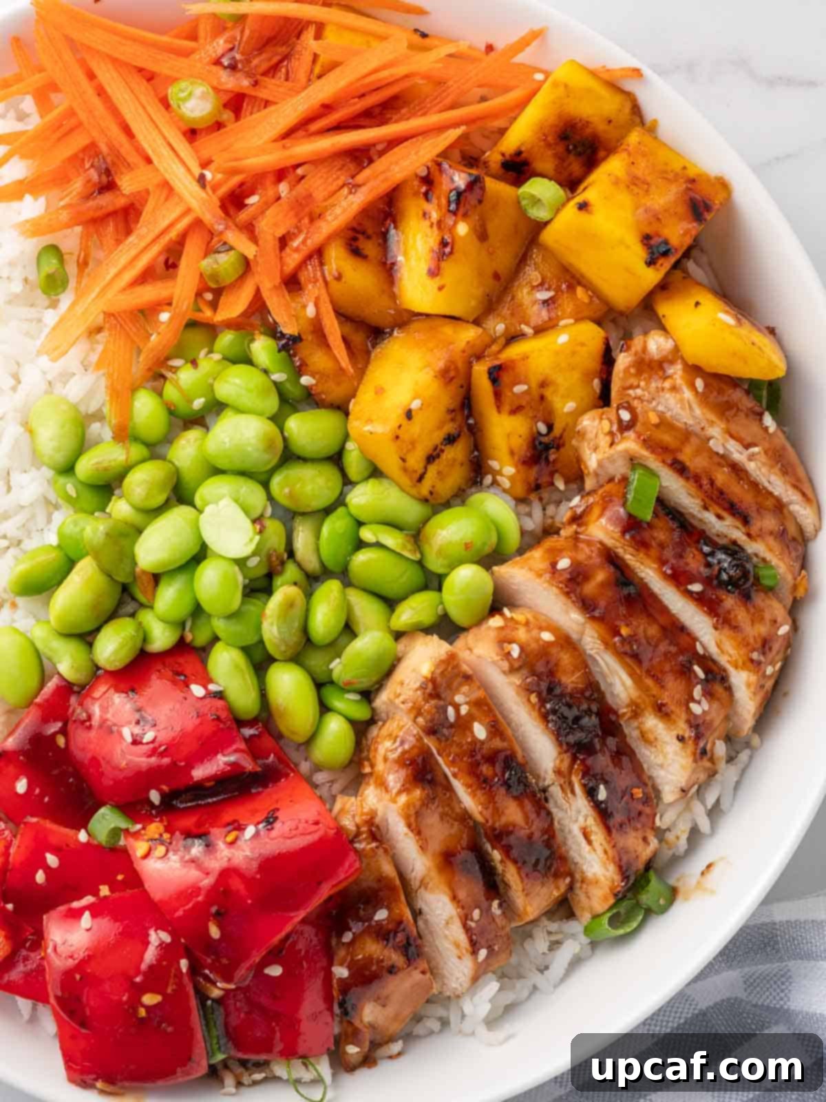 Sweet & Savory Teriyaki Chicken Bowl 8 A vibrant and colorful Teriyaki Chicken Rice Bowl, showcasing a rich array of ingredients including chicken, rice, mango, bell peppers, edamame, and sesame seeds.
