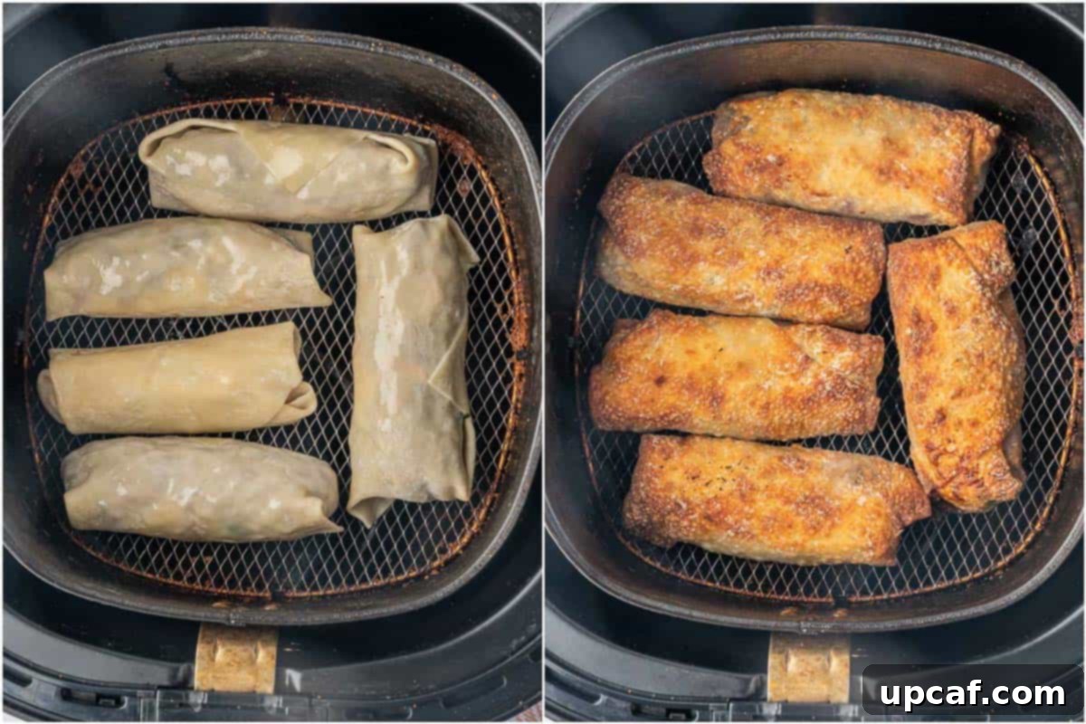 Golden Crispy Air Fryer Spring Rolls 6 before and after photo of spring rolls cooking in an air fryer.