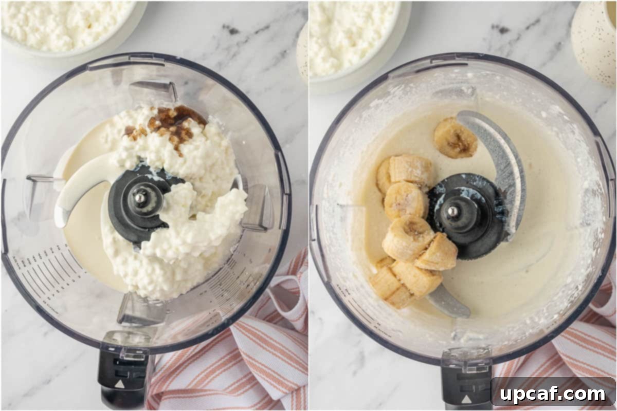 Vanilla cottage cheese ice cream base being blended in a food processor, creating a smooth, creamy texture.