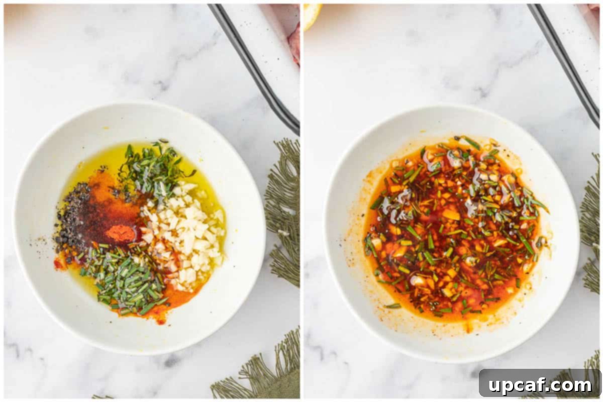 A close-up view of hands mixing ingredients in a bowl to prepare the lamb chop marinade for grilling.