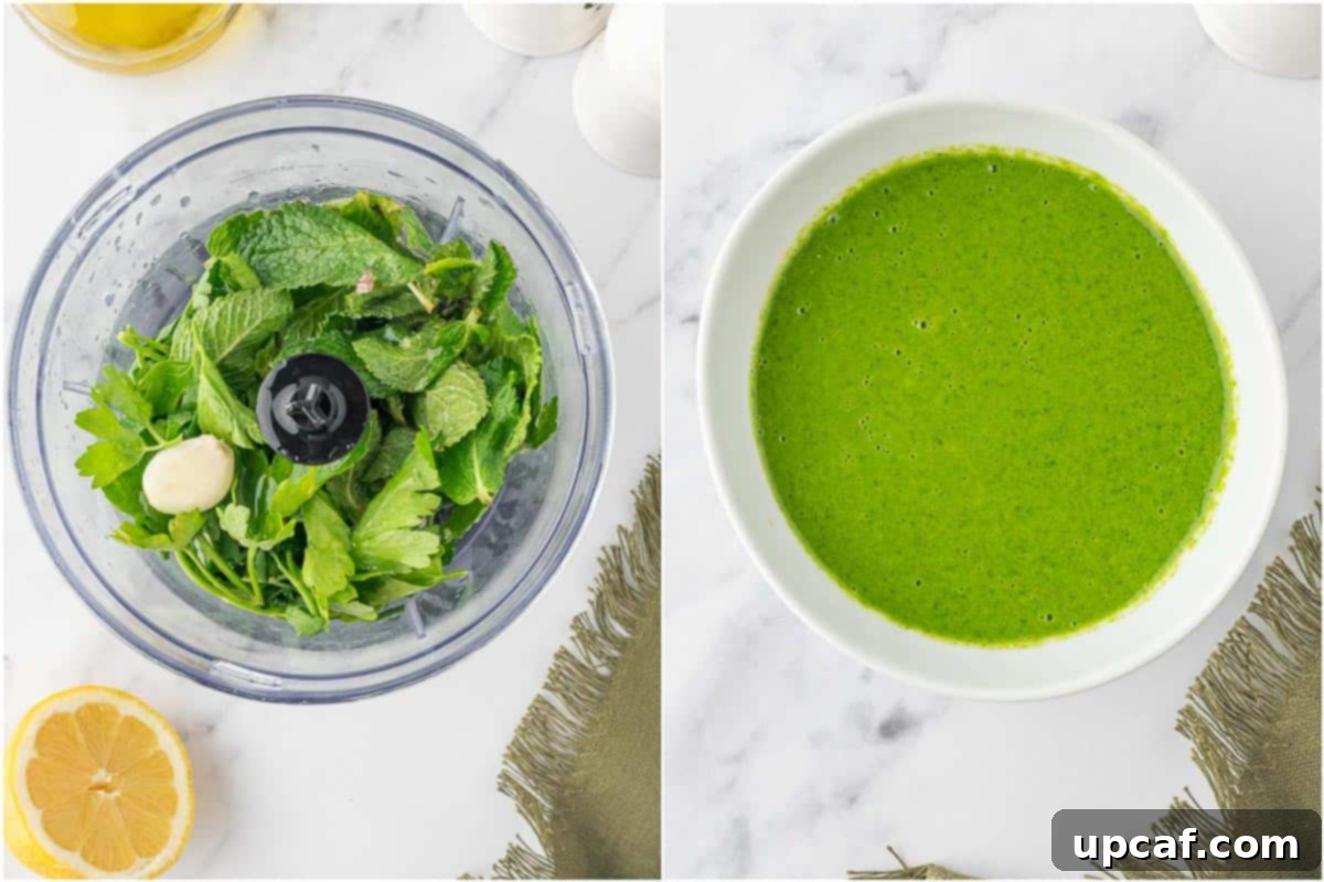 Ingredients for mint herb sauce being blended in a food processor.