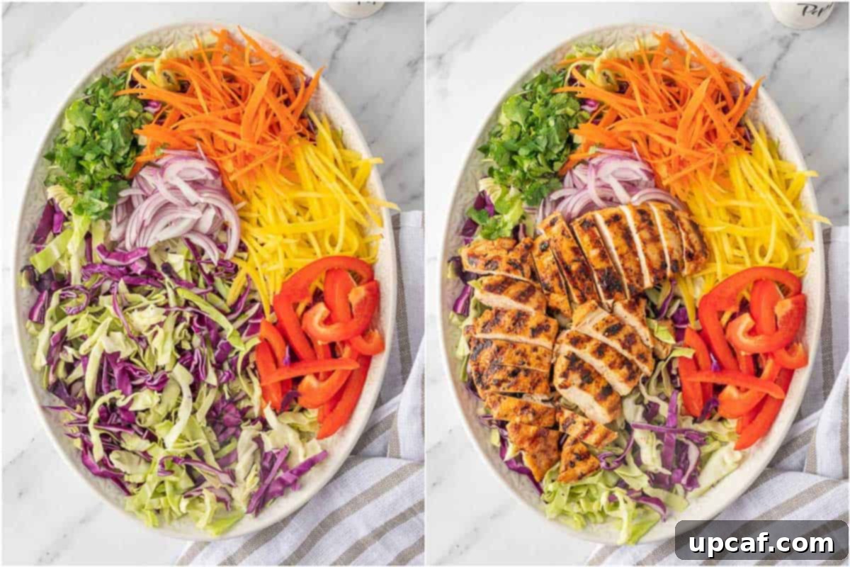 Sunshine Thai Chicken Mango Salad 7 Layering grilled chicken over mango salad.