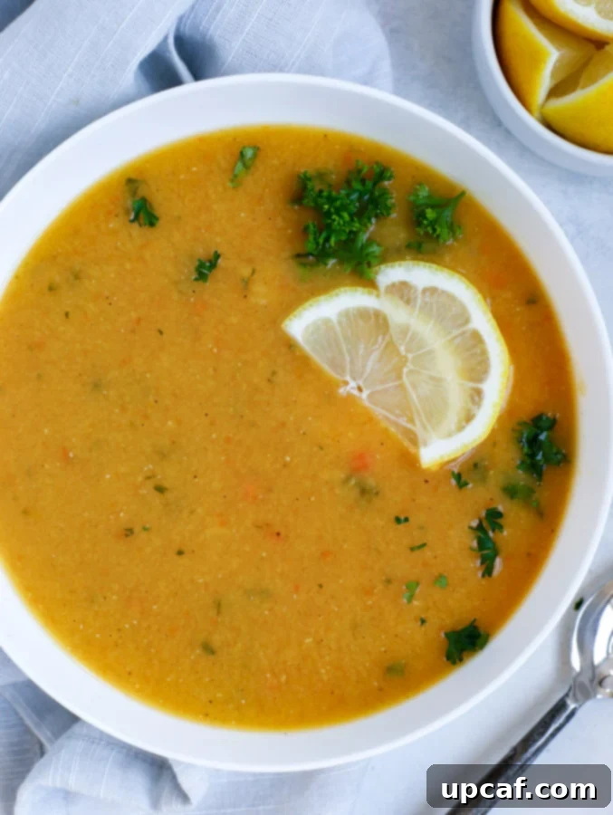 A steaming bowl of traditional Lebanese Lentil Soup (Shorbet Adas), garnished with fresh parsley and a lemon wedge, ready to be enjoyed.