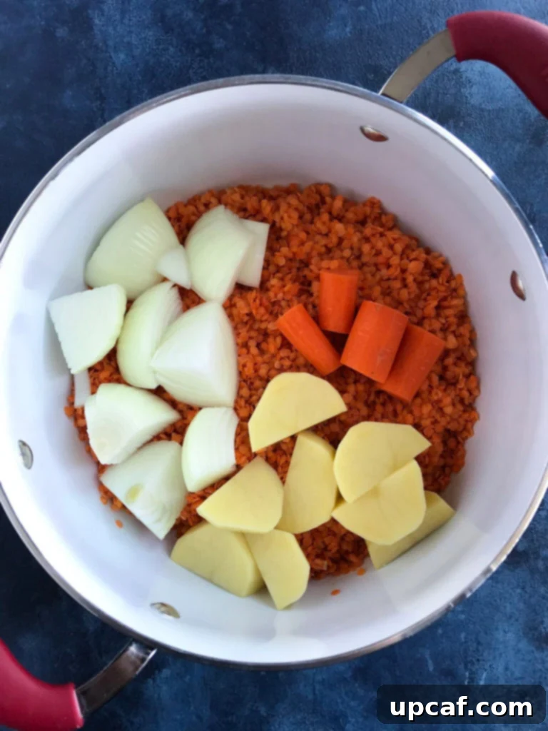 Red lentils and diced vegetables (onion, carrot, potato) are combined in a large cooking pot, ready for simmering to create the base of a flavorful Lebanese lentil soup.
