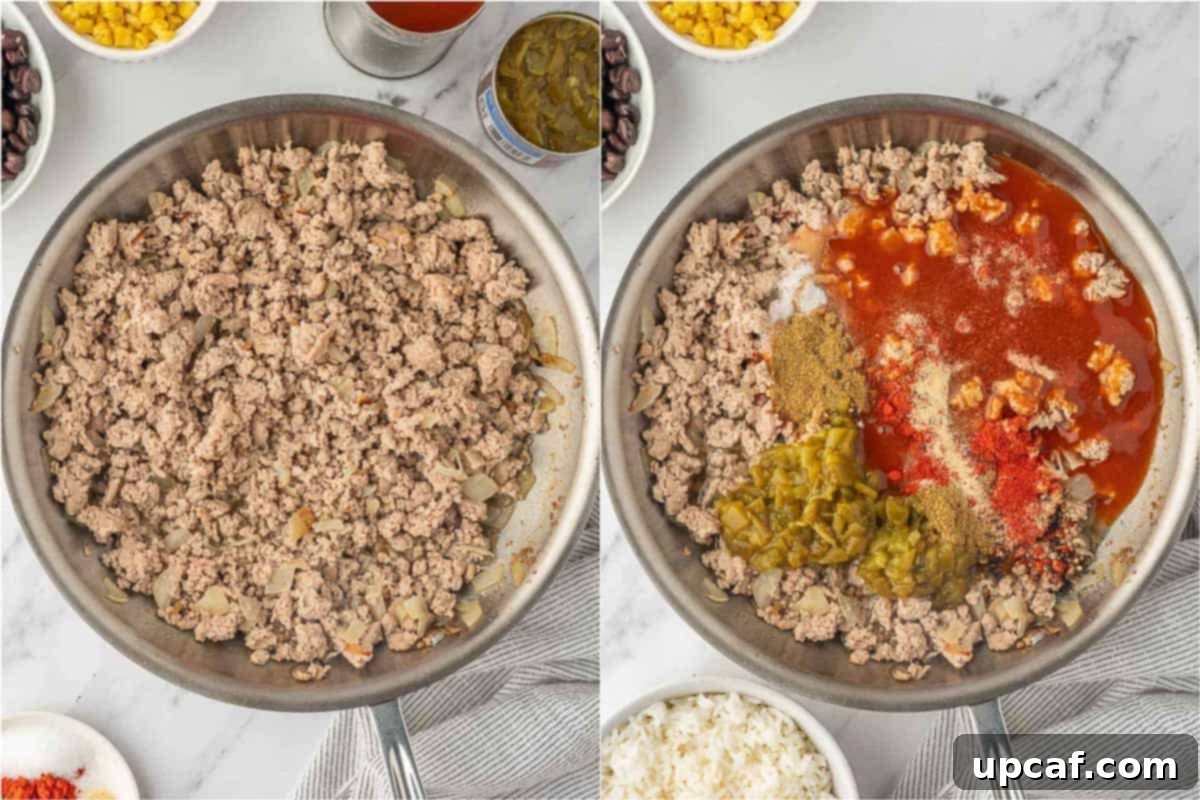 Sautéing onions and ground turkey in a skillet, preparing the flavorful meat filling for the stuffed peppers.