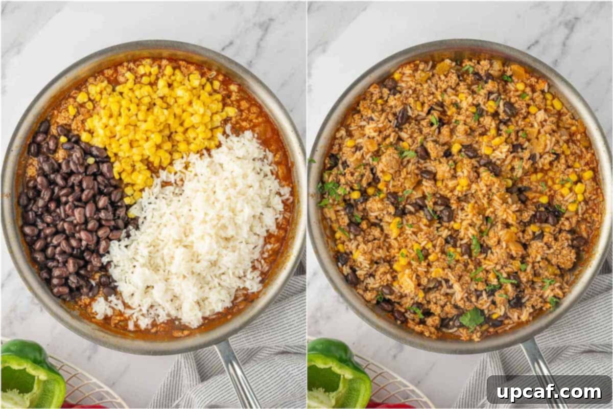 A close-up of a spoon adding the rich, savory filling into a bell pepper half, showcasing the preparation of stuffed taco peppers.