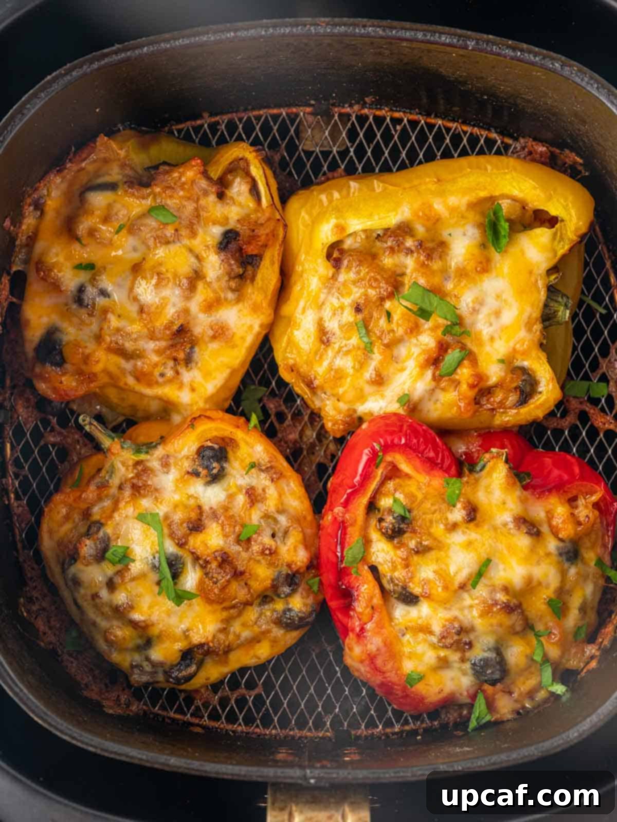 Air fryer stuffed peppers with perfectly melted cheese, ready to be enjoyed.