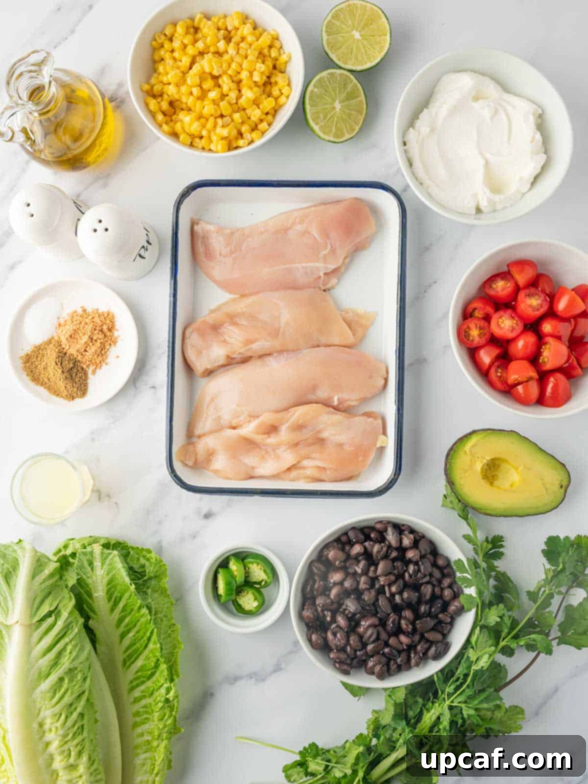 Fiesta Chicken Salad 3 Ingredients needed for Santa Fe Salad, laid out on a white surface.