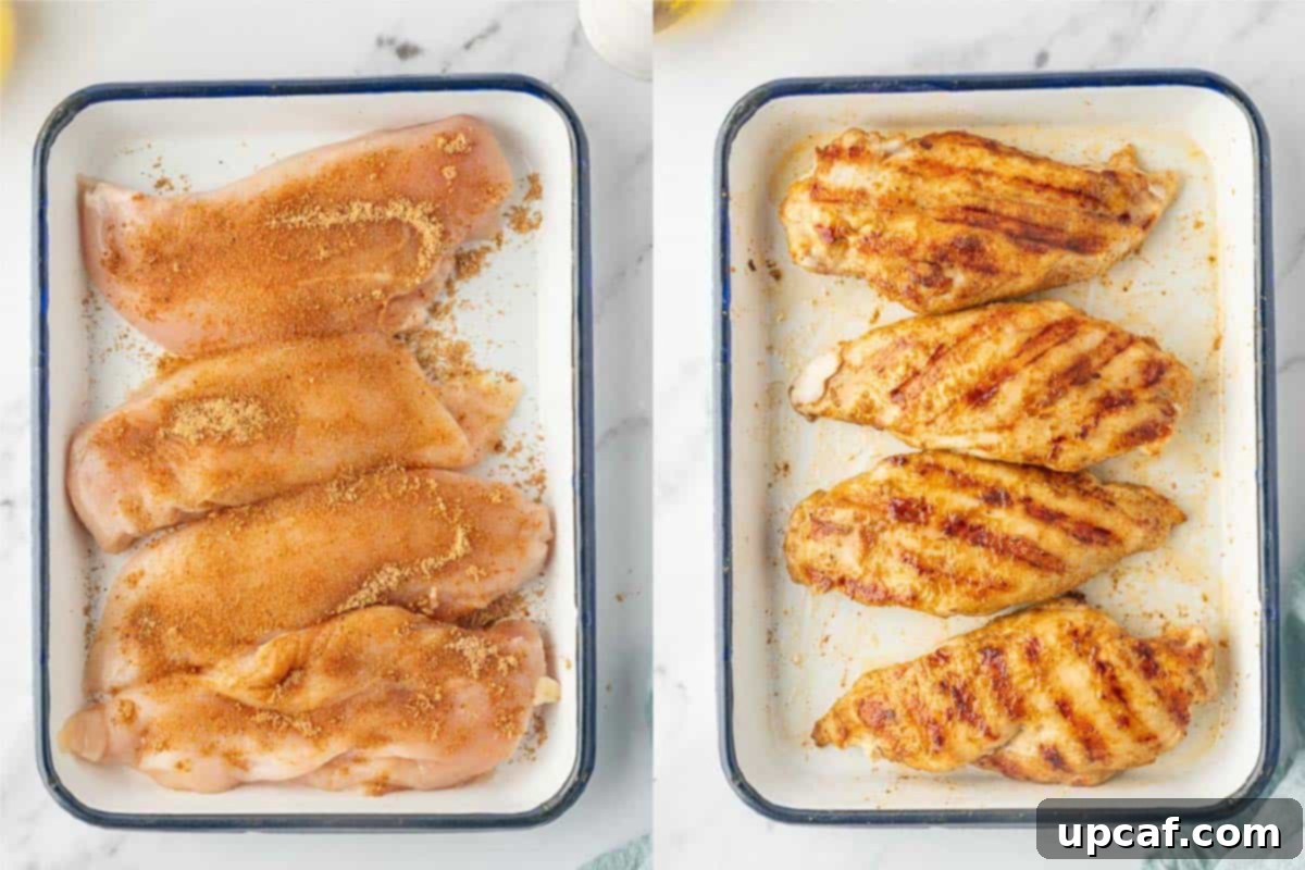 Fiesta Chicken Salad 4 Before and after grilled chicken on a platter, showing raw and perfectly cooked chicken breasts.