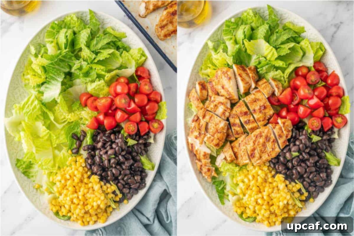 Fiesta Chicken Salad 6 How to build a grilled chicken salad recipe on a platter, showing layered ingredients.