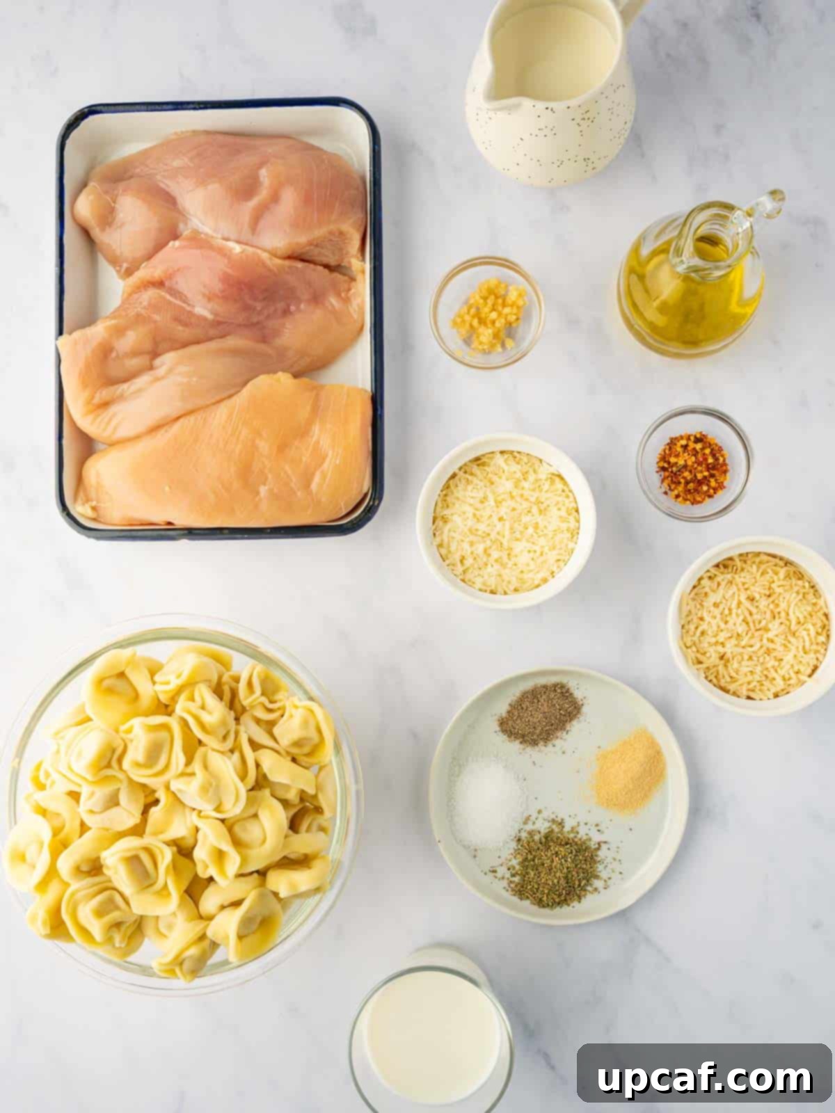 All the necessary ingredients laid out for making asiago tortellini alfredo with grilled chicken.