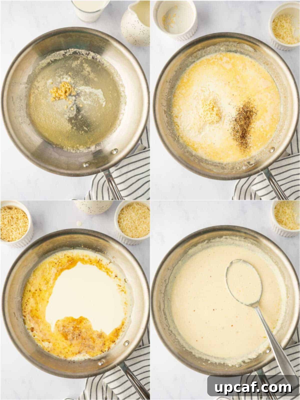 Visual steps illustrating how to create a rich and creamy alfredo sauce from scratch.