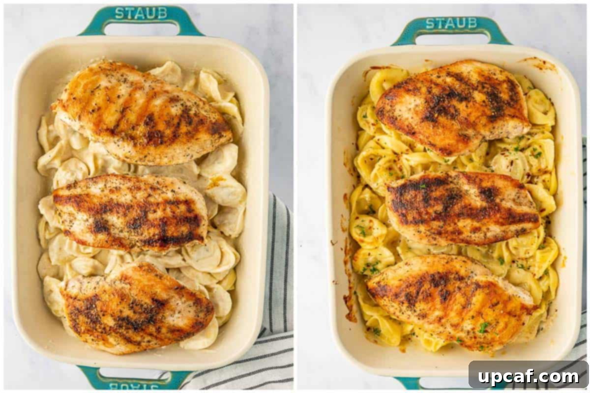 A before and after view of the tortellini baking in the oven, showing it bubbly and browned.