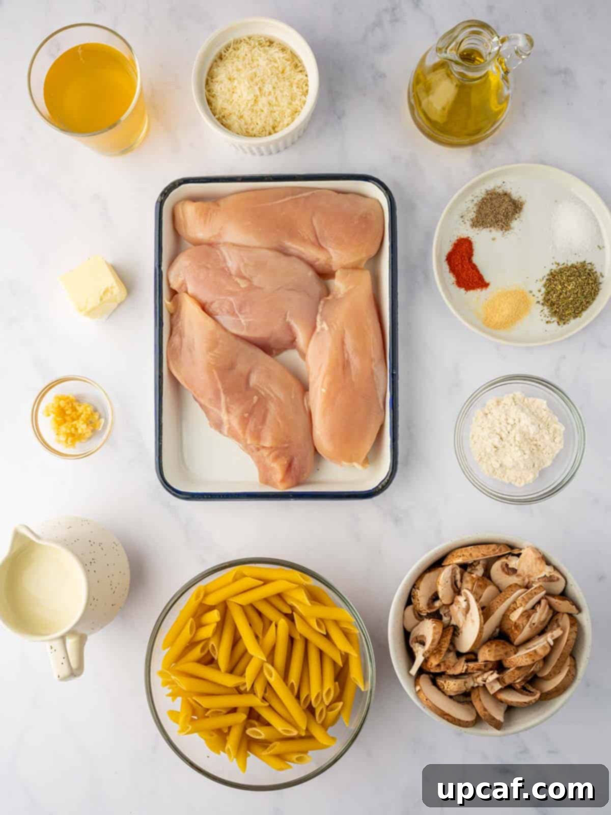 Creamy Garlic Parmesan Chicken Pasta 3 A vibrant display of all ingredients needed for creamy Garlic Parmesan Chicken pasta.