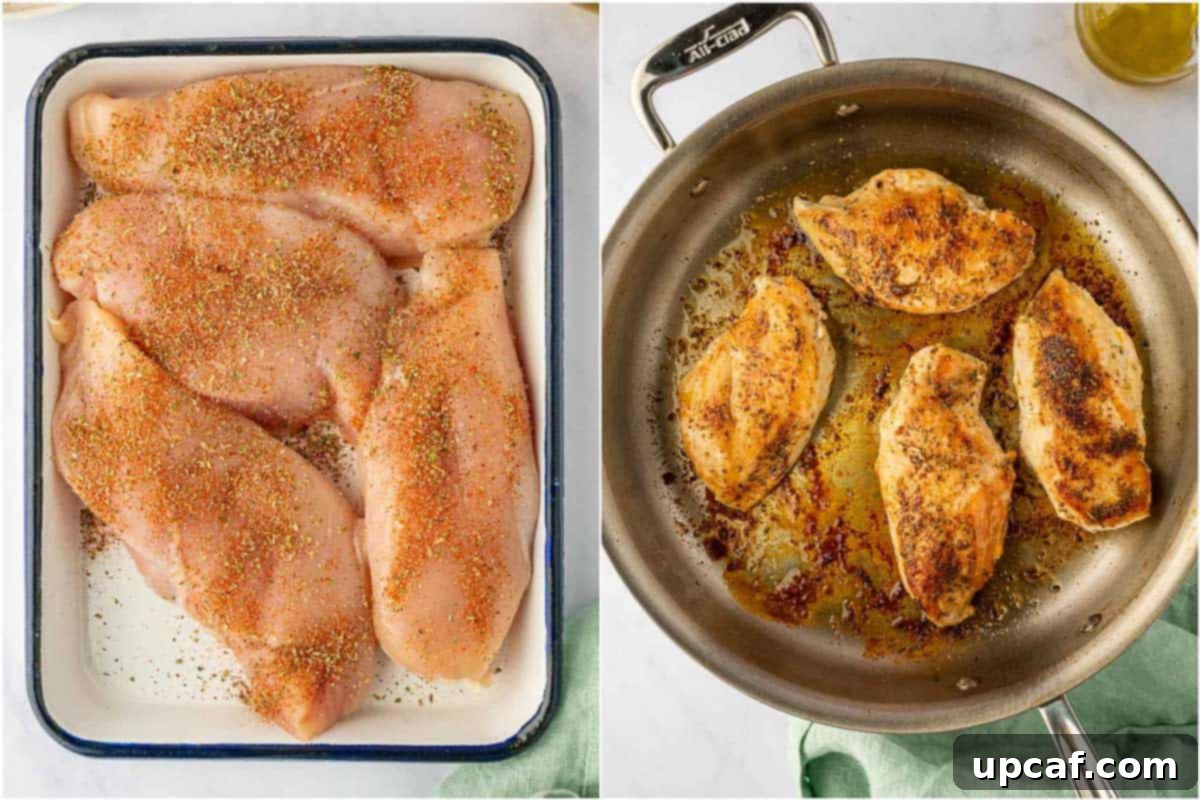 Creamy Garlic Parmesan Chicken Pasta 4 Searing seasoned chicken breasts in a hot skillet until golden brown.