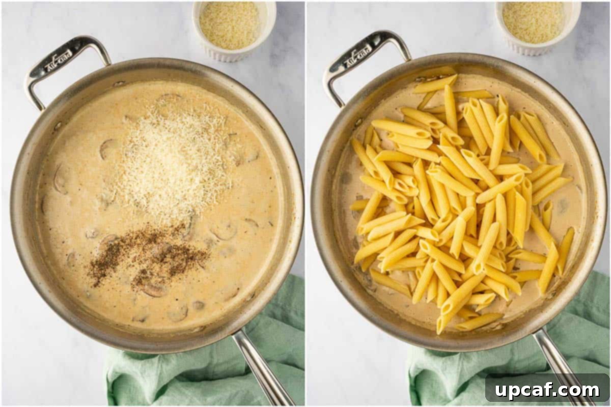 Creamy Garlic Parmesan Chicken Pasta 6 Preparing the creamy Parmesan sauce and adding cooked penne pasta to the skillet.