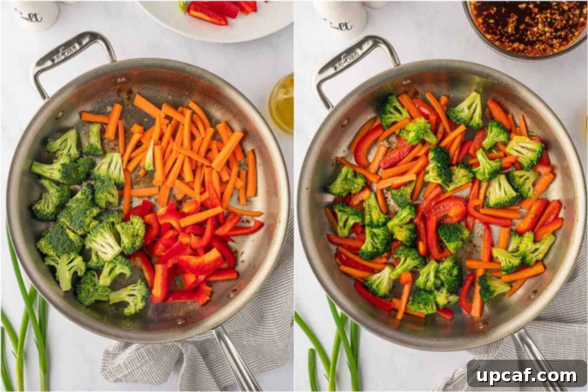 Stirfry veggies in a skillet.