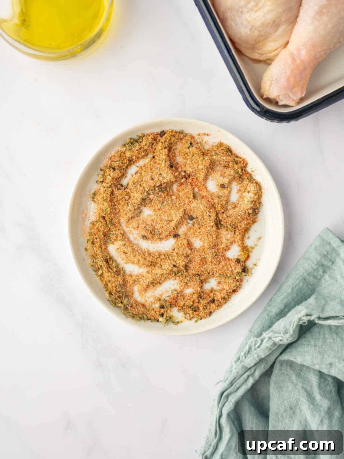 A bowl of freshly mixed dry rub spices, ready to season the half chicken for grilling.