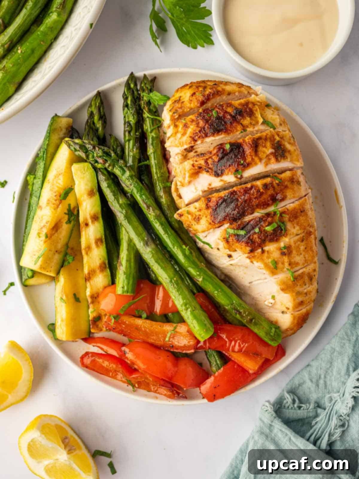 A perfectly sliced grilled half chicken, showcasing its tender, juicy interior and crispy skin.