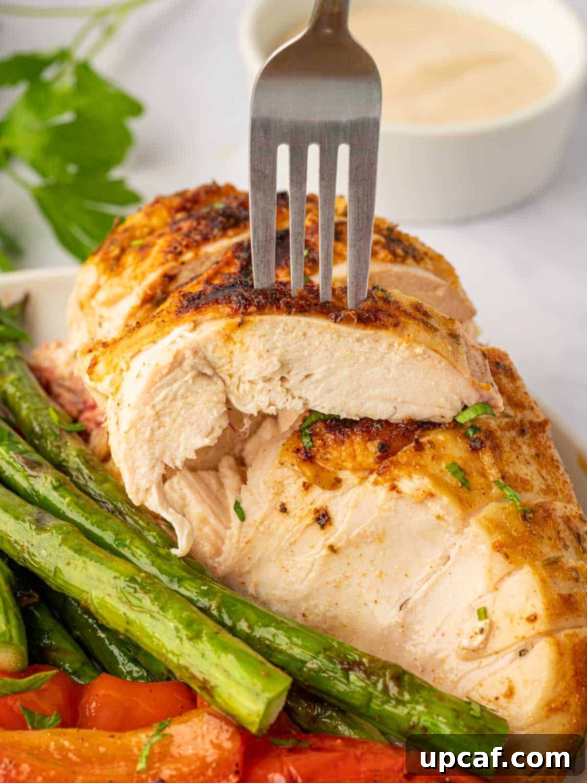 A fork lifts a succulent piece of tender grilled half chicken, showcasing its juiciness.